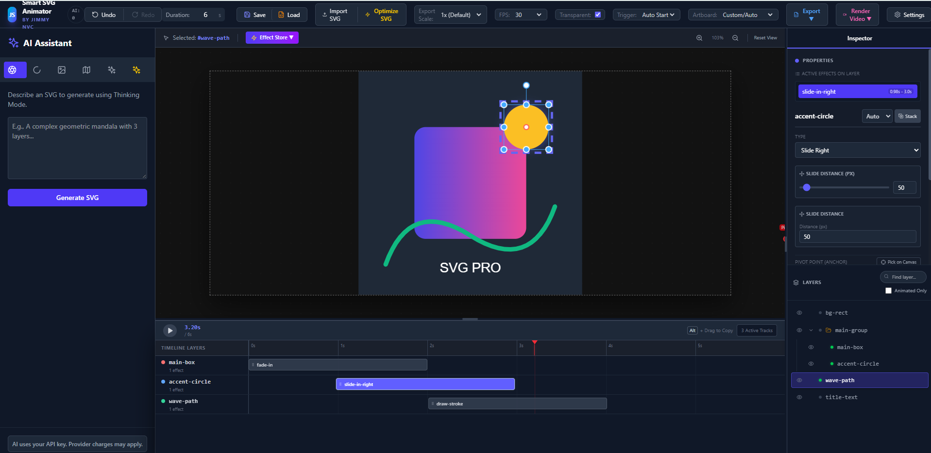 SVG Animation workspace with SVG canvas, timeline and layer controls