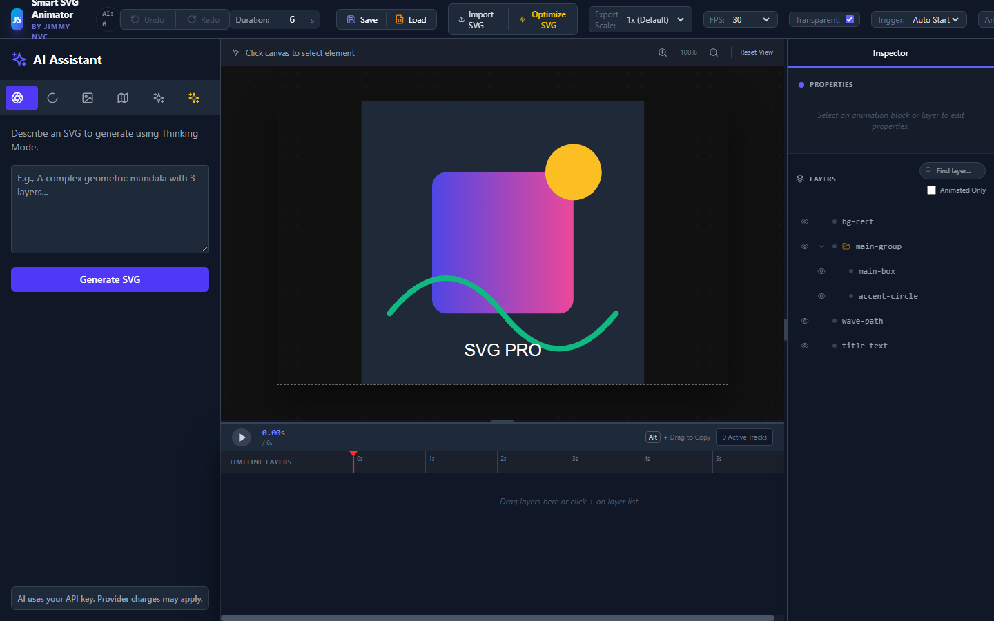 Actual SVG Animation editor showing the SVG artboard, layer panel, animation controls and timeline