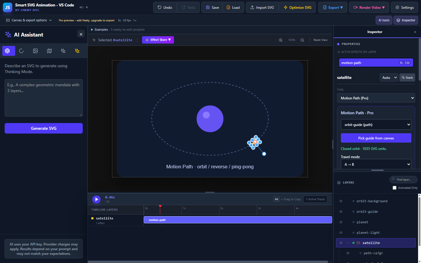 Smart SVG Animation editor with Motion Path controls, canvas and timeline